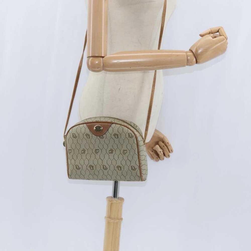 Christian Dior Honeycomb Canvas Shoulder Bag PVC Leather Beige Auth bs30408